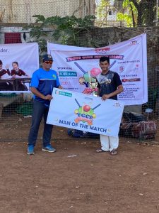 Arya Chowkidar from Dinesh Salunkhe Cricket Academy receiving the MOTM from Ex Goa Ranji Trophy Captain and now coach Shri. Rohit Rane for his brilliant 80 and superb Wicket Keeping.